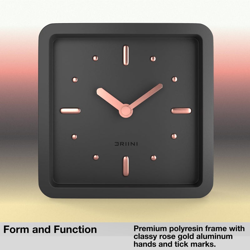 Driini Modern Mid Century Desk & Shelf Clock (Black Rose Gold) - Battery Operated with Silent, Analog Movement â€“ Small Tabletop Clocks for Office â€“ Perfect for Mantle, End Table, Desktop or Nightstand - Image 3